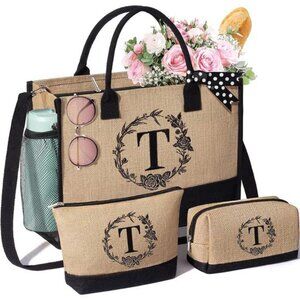 Personalized Gifts for Women Tote Bag, Initial Jute Tote Bag & Makeup Bags T